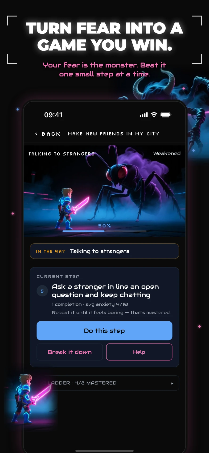 Conquer Fear app screen: Your fear, broken into rungs you can actually climb.