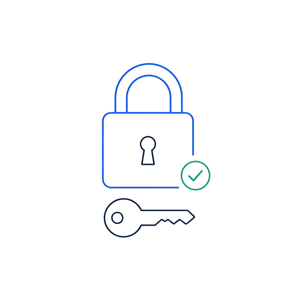 Line illustration of a padlock, key, and checkmark representing data protection