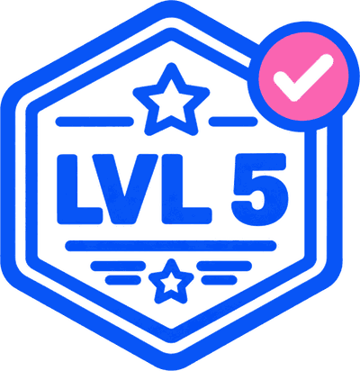 A level-up badge showing experience points earned