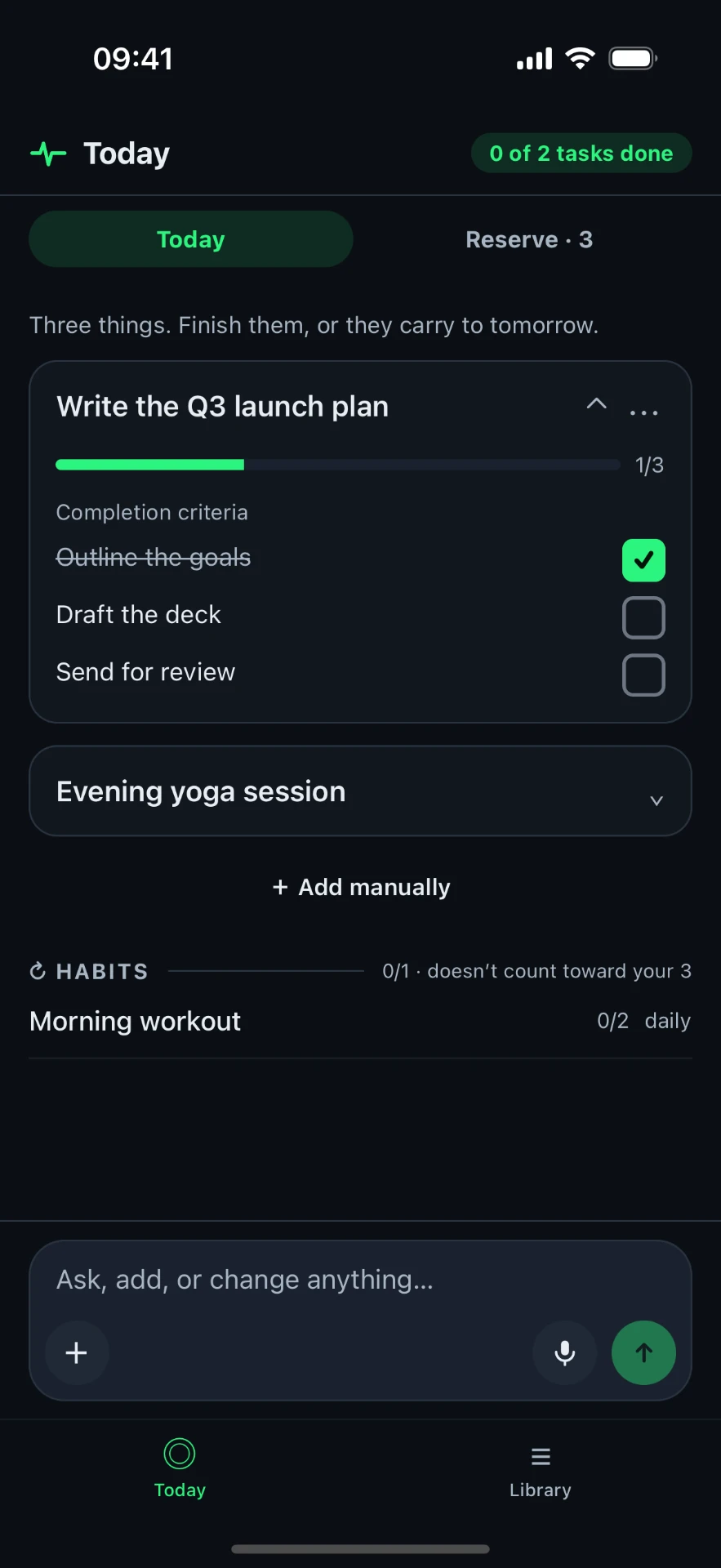 Signal not Noise app screen showing: Done means actually done.