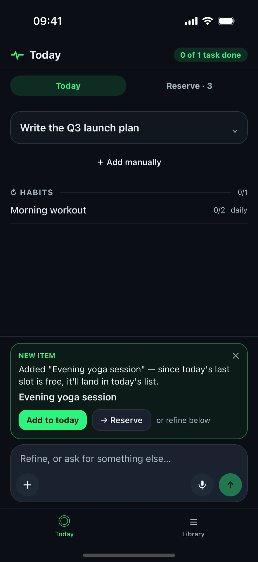 Signal not Noise app screen showing: Just ask. The AI plans it.