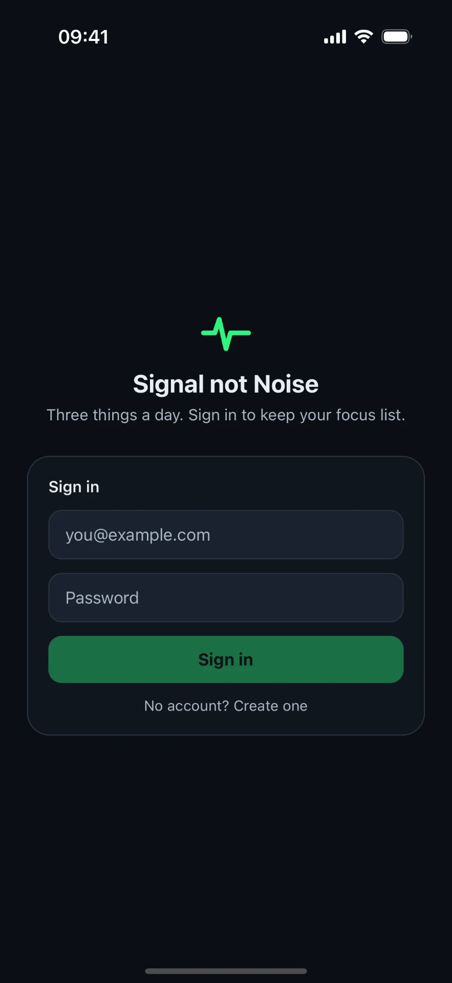 Signal not Noise sign in screen