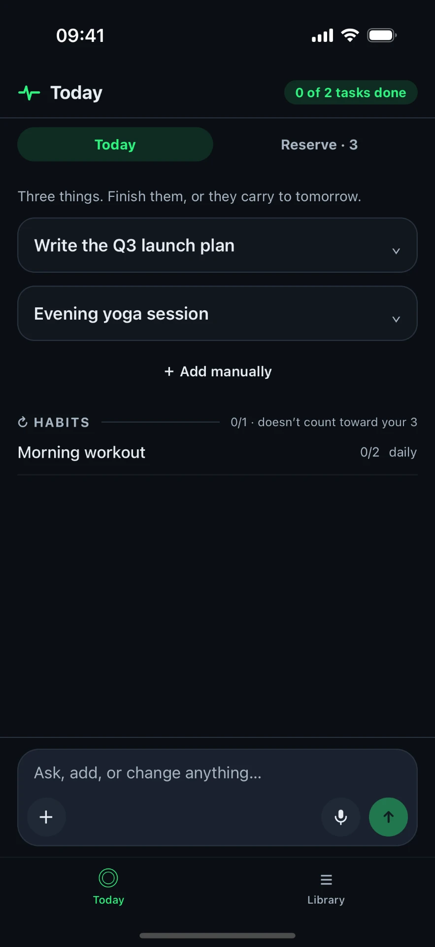Signal not Noise app showing three focus tasks for the day