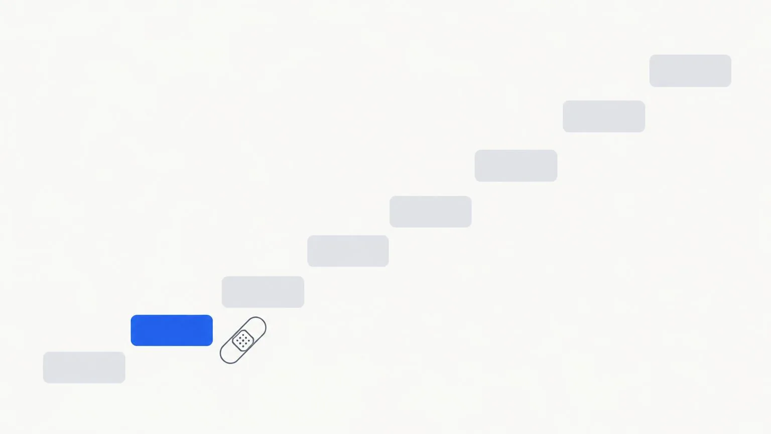 A row of small grey tiles rising in a gentle stair, one tile near the bottom highlighted in blue