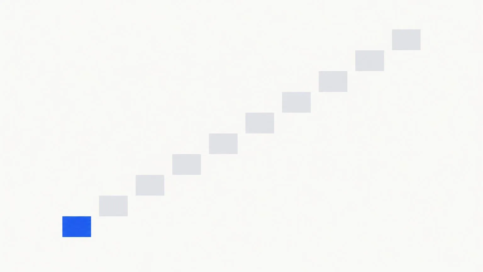 A row of small grey tiles rising in a gentle stair, one tile near the bottom highlighted in blue